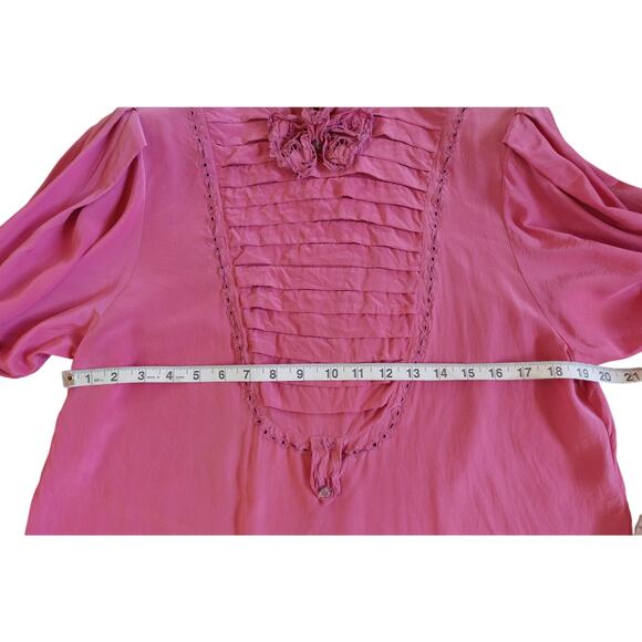 Vintage 80s Shirt Womens 6 Pink Silk Eyelet Bow Coquette Romantic Girly Top - Picture 9 of 12